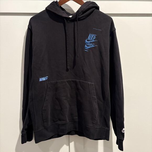 Nike Hoodie Mens Small Black Blue Swoosh Logo DM6873-010 Embroidered Pullover - Picture 1 of 16